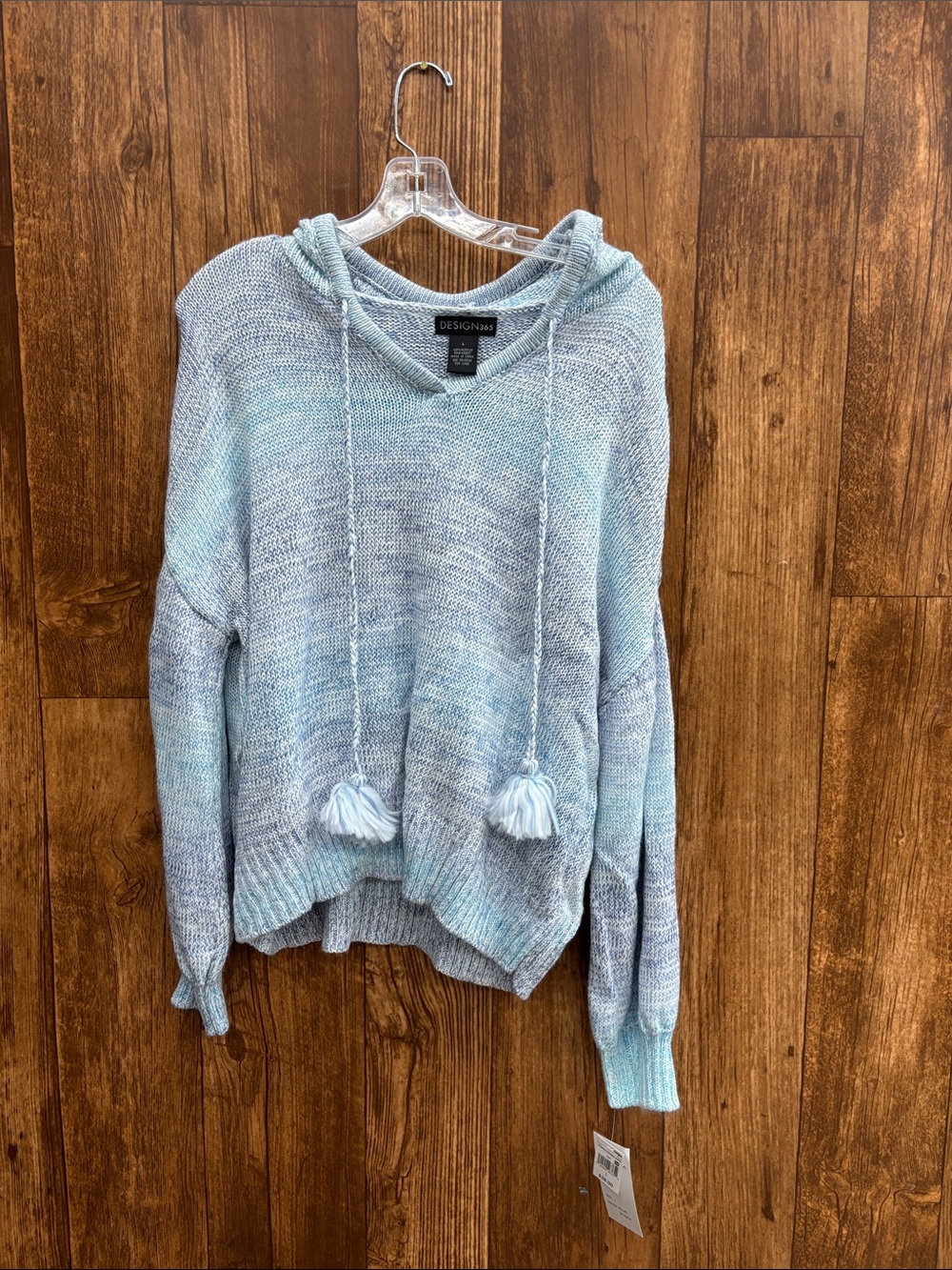 Design365 Sky Blue Hooded Knit Sweater with Tassel Drawstrings